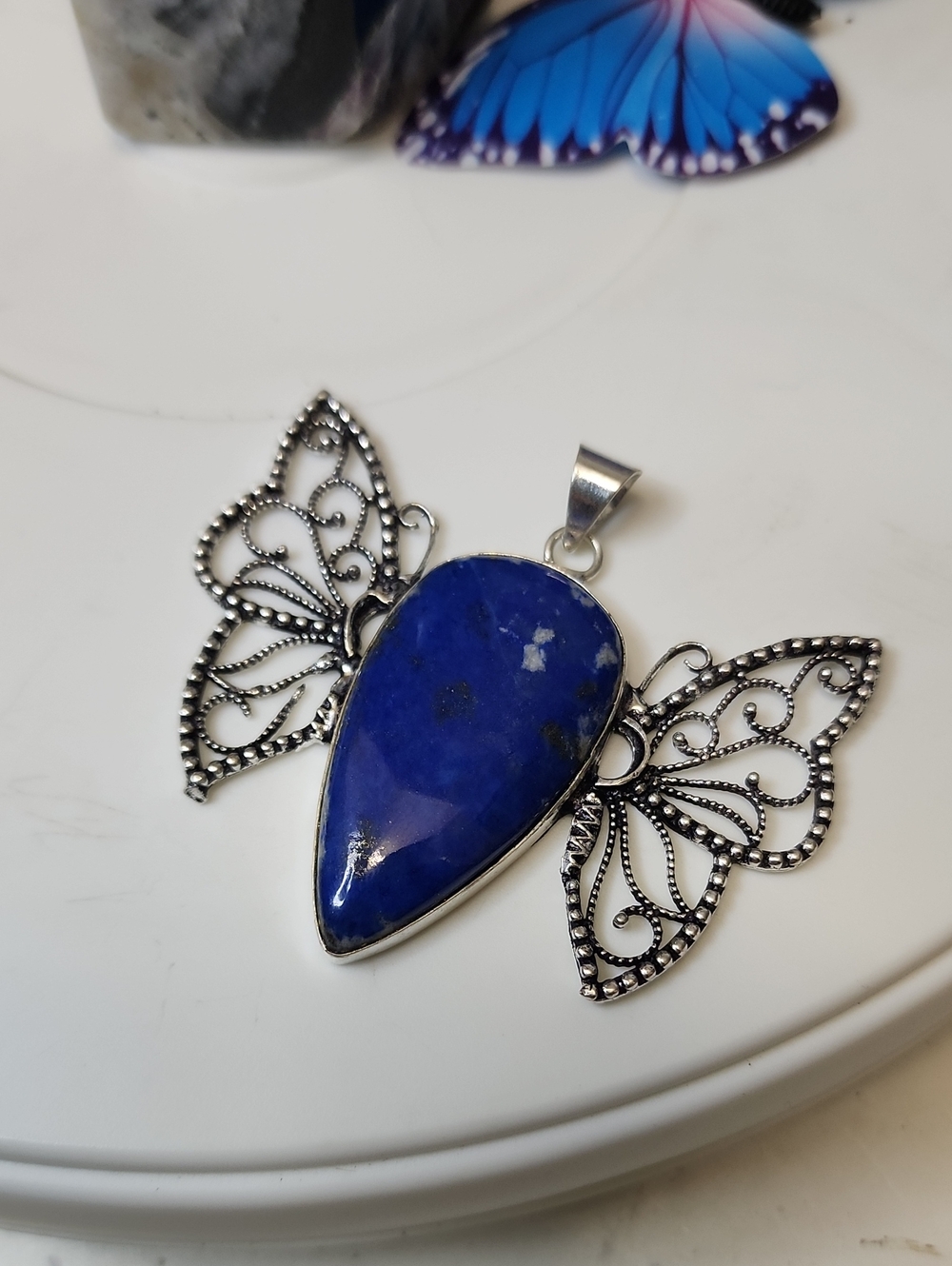 Butterfly Pendant with Blue Lapis Teardrop